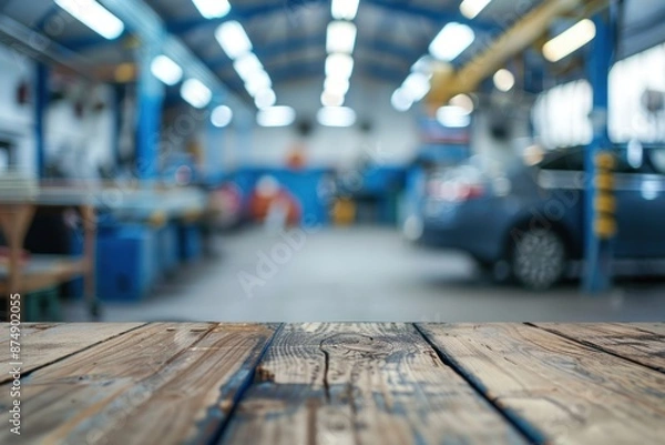 Fototapeta Blurred automotive workshop background with a wooden table in the foreground, perfect for showcasing