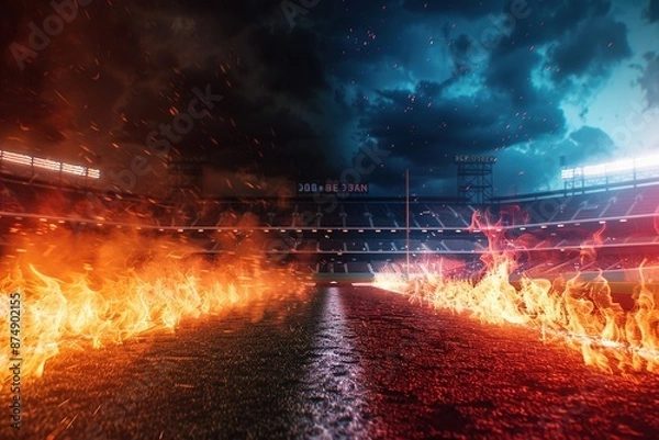 Fototapeta a baseball stadium, ultra realistic baseball bat hitting fire baseball causing explosion between bat and ball, isolated on black background