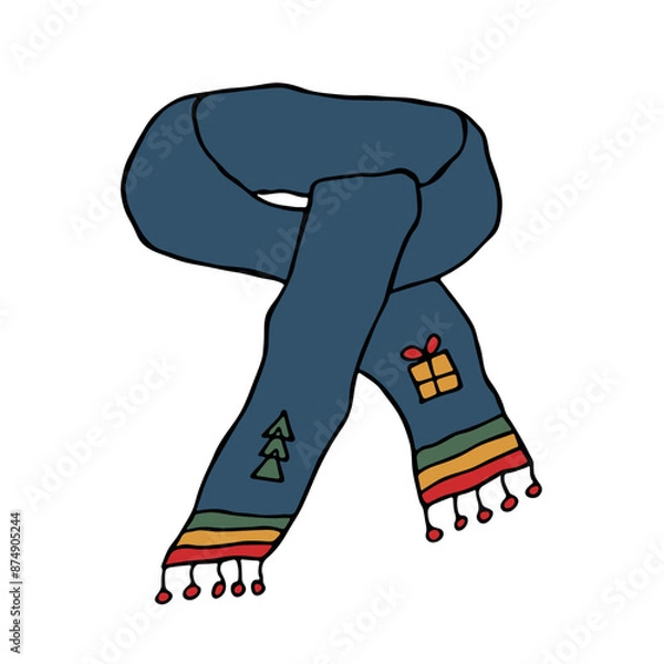 Fototapeta Knitted scarf doodle Hand drawn winter accessories Single design element for card, print, design, decor