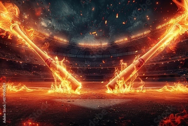 Fototapeta a baseball stadium and cross baseball bats with fire,