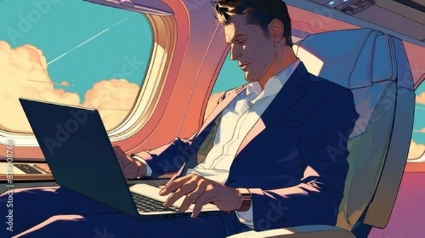 Fototapeta Illustration of a businessman sitting in a chair traveling on an airplane while doing his work using a laptop. Airplane cabin background, blue sky, window view, outside view.
