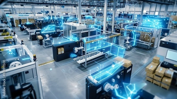 Fototapeta Smart Factory Automation with Robotic Arms and Digital Interface