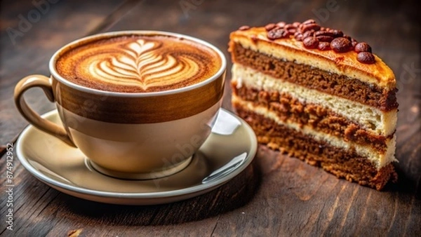 Fototapeta Beautifully crafted cappuccino with intricate latte art, accompanied by a slice of decadent coffee cake, on a solid colored backdrop.