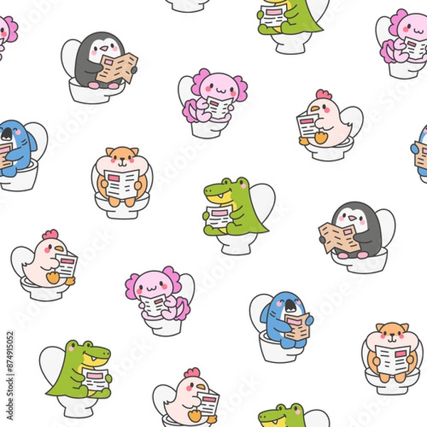 Fototapeta Cute animal pooping on toilet and read newspaper. Seamless pattern. Funny cartoon characters. Hand drawn style. Vector drawing. Design ornaments.