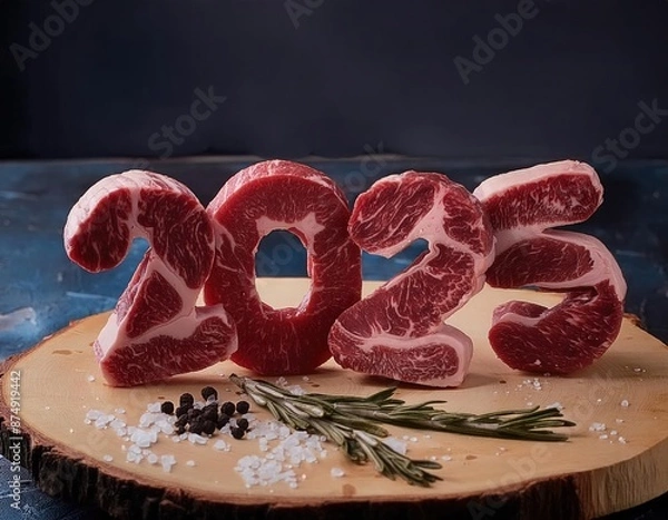 Fototapeta 3d happy new year 2025 on a raw meat on a cutting board