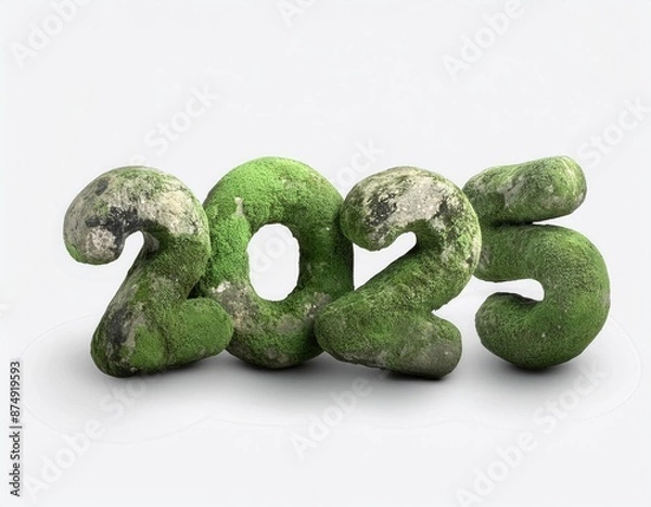 Fototapeta 3d happy new year 2025 on a old stone and grass shape