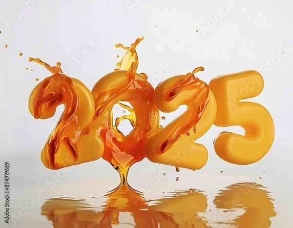 Fototapeta 3d happy new year 2025 on a orange juice  shape