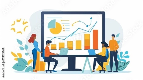 Obraz HR team collaborating, growth charts, flat design illustration