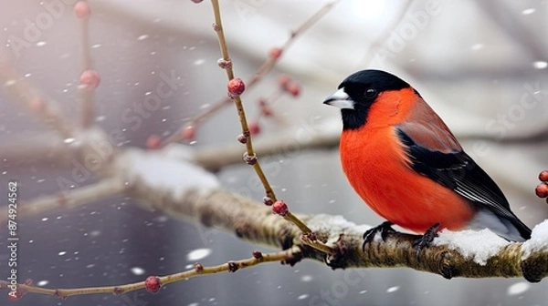 Obraz A vibrant red and black bullfinch perched on an icy branch