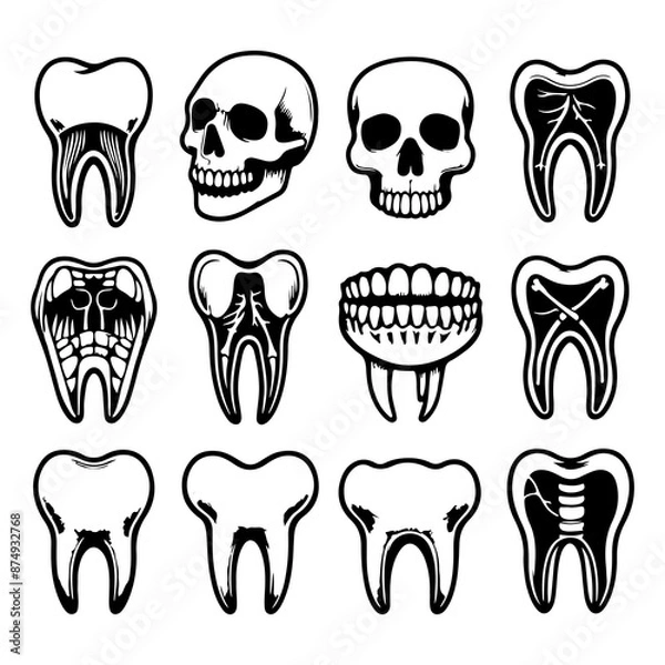 Fototapeta Teeth bone silhouette in one set of vector illustration style with white background