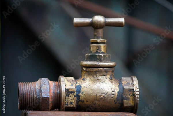 Obraz Vintage old brass water tap isolated on a dark background. tap valve. old copper retro faucet on a rusty pipe. plumbing, repair, dismantling. close-up