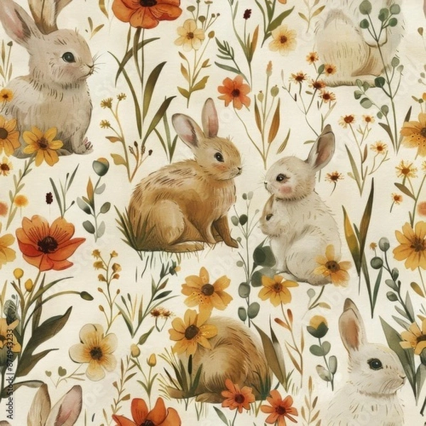 Obraz a seamless pattern with cute bunnies and painterly flowers