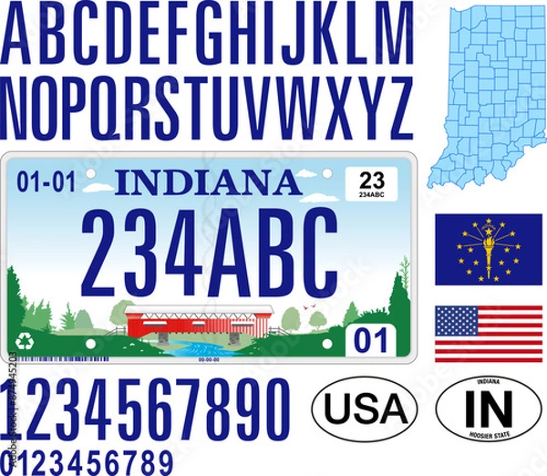 Fototapeta Indiana car license plate pattern,  letters, numbers and symbols, vector illustration, USA, United States