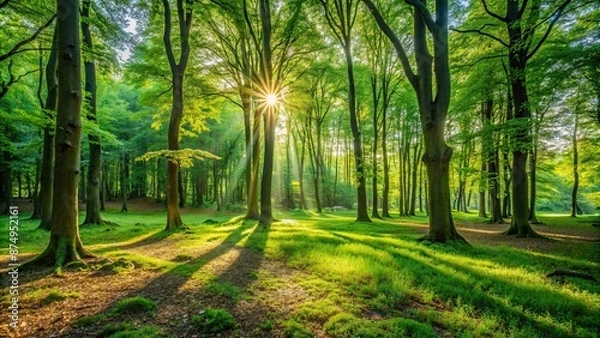 Fototapeta Lush green forest with sunlight streaming through trees, casting dappled shadows on the ground, nature, forest, green