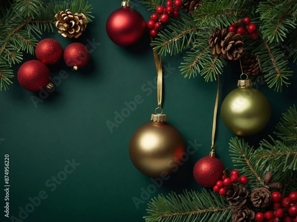 Fototapeta Vintage Christmas vertical background with festive baubles, fir branches, decorations on dark green background Flat lay, top view, copy space.