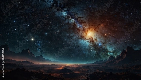 Obraz The view from space to a galaxy filled with stars and nebula offers a breathtaking panorama of the universes beauty, Sharpen banner template with copy space on center.