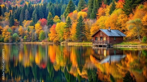 Fototapeta Serene lakeside cabin surrounded by autumn trees , fall, golden hues, cabin, lakeside, serene, tranquil, foliage, autumn