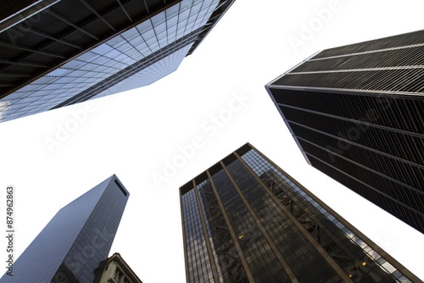 Fototapeta Worm's-eye view of skyscrapers stretching into a clear sky, depicting the modern cityscape on a light background, emphasizing urban architecture