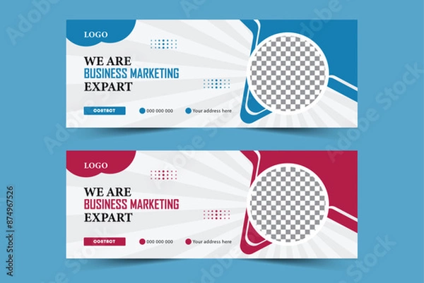 Fototapeta Social media cover design template and blue and red color background