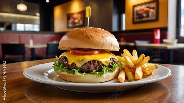 Fototapeta A beef burger with melted cheese and fresh