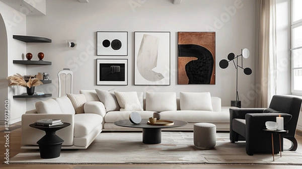 Obraz Modern living room showcasing a stylish gallery wall, sleek furniture, and decorative accents in a monochromatic theme.