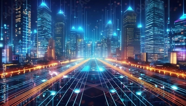 Fototapeta Neon Futuristic Cityscape with Advanced Tech and Cyberpunk Skyscrapers