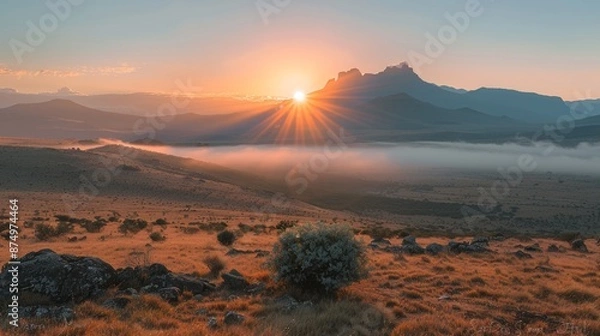 Fototapeta Sunrise over a distant mountain range bordering the savanna, mist clinging to the peaks.