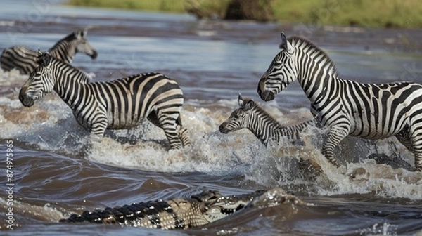 Fototapeta Zebra herd crossing a crocodile-infested river, creating a tense atmosphere.