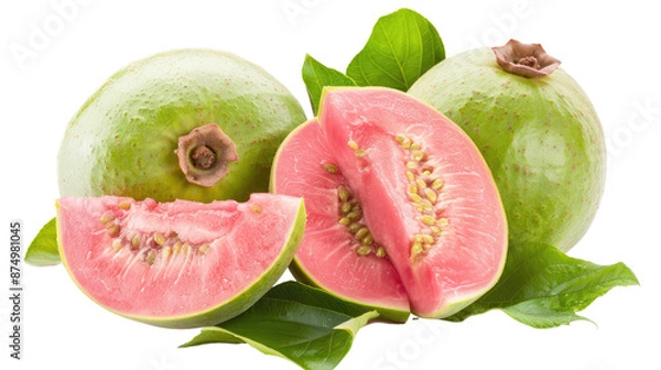 Fototapeta Refreshing guavas isolated on white background, whole and sliced