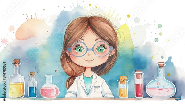 Fototapeta Smiling Young Scientist with Colorful Laboratory Beakers Illustration