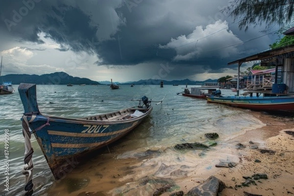 Fototapeta Longtail Boat on the Shore with Stormy Sky in the Background