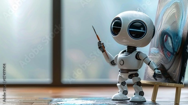 Fototapeta cute robot draws on canvas