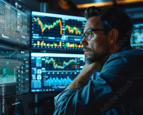 Fototapeta Businessman Analyzing Market Trends on Digital Dashboard Showing Financial Analytics