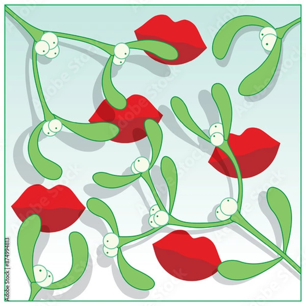 Fototapeta Loose sprigs of Festive Mistletoe with shadows and red lips on a cool background
