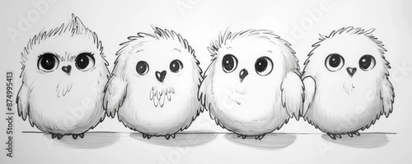 Fototapeta Charming Quartet of Cartoon-Styled Sketch Birds