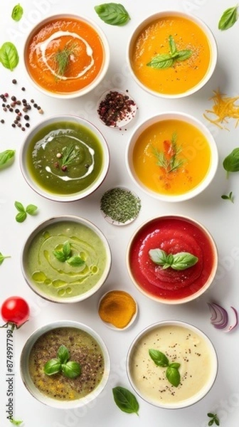 Fototapeta Set of various seasonal vegetable soups and organic ingredients on white background