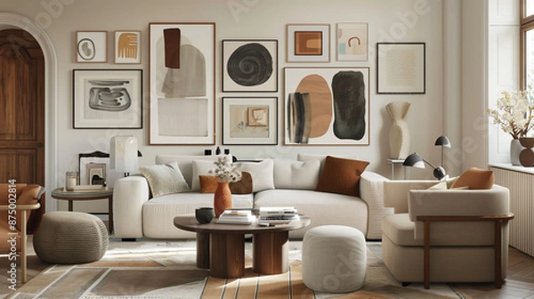 Fototapeta Stylish living room with a well-designed gallery wall, cozy seating, and modern decor elements in a serene palette.