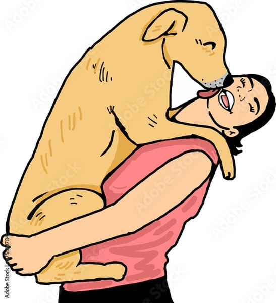 Obraz A dog is happily licking a girl's face on vacation.