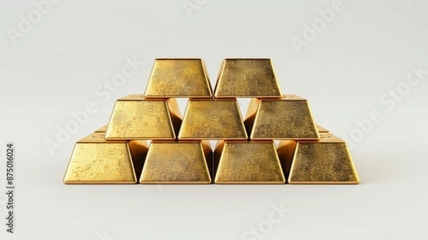 Fototapeta Realistic gold bars stacked in a pyramid shape, white background, high resolution, illustration background