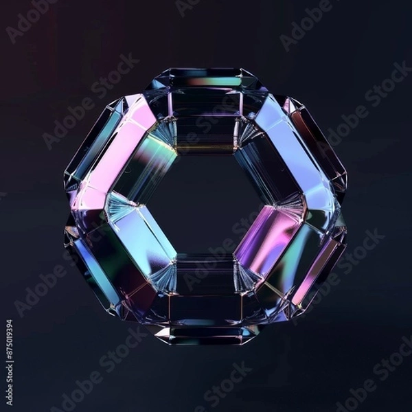 Fototapeta A vibrant iridescent hexagon shape, rendered in 3D, against a dark background