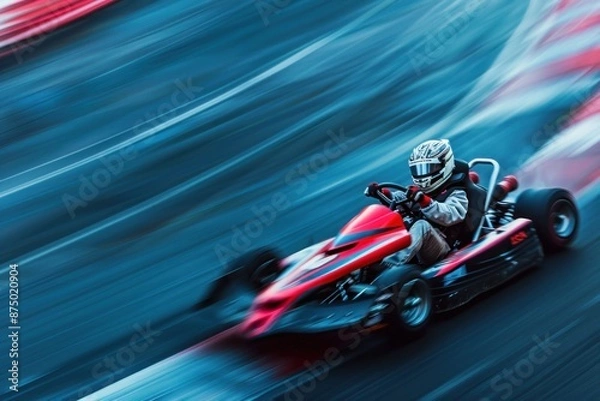 Fototapeta Exciting kart racing with the driver taking turns at high speed on the track