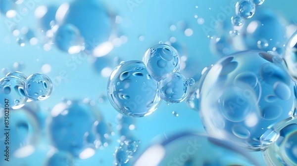 Fototapeta Molecule and Blue. cosmetics liquid ball background, 3d rendering.