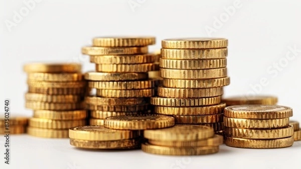 Fototapeta Stacked gold coins in a neat arrangement, white background, high resolution, illustration background