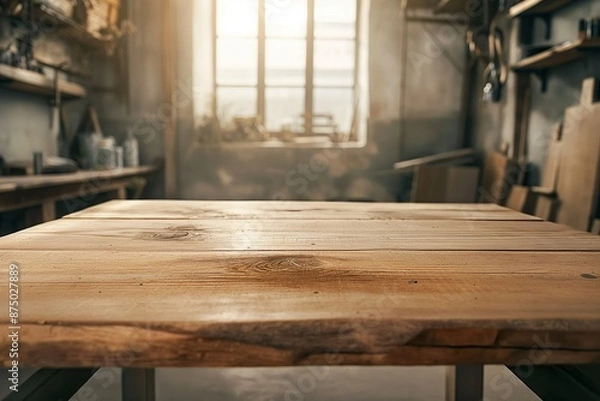 Obraz Empty light wooden table top in a workshop, a blur simple background