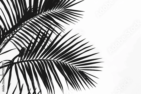 Fototapeta Black palm leaf silhouette on white background with copy space, tropical plant and summer concept design in the style of tropical plant and summer.


