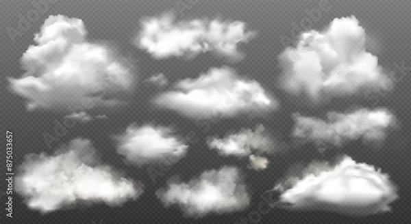 Fototapeta Vector set of white cloud, smoke or fog isolated on black transparent background. Cloud overlay texture, fire smoke wave or smoking explosion effect. Nature sky, cloud pattern or food smoke symbol art