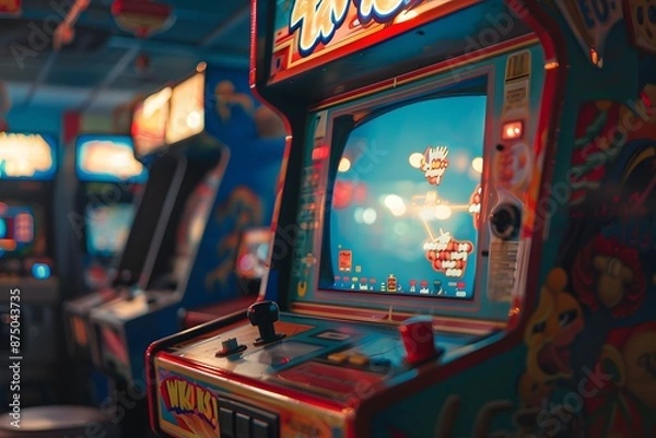 Obraz A vintage 90s arcade game machine with colorful graphics and joystick controls, captured in a nostalgic light