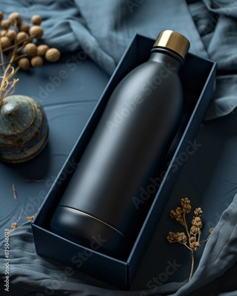 Fototapeta A sleek, black water bottle with a gold lid, nestled inside a dark blue box on a blue fabric backdrop, creates an elegant and minimalist composition.