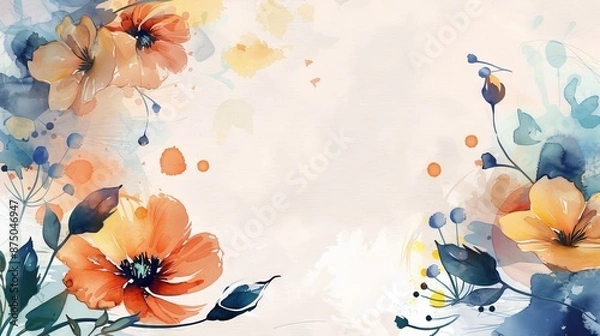 Obraz Watercolor painting of orange and yellow flowers on a white background. The flowers are surrounded by blue and green foliage.