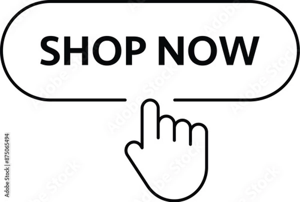 Fototapeta Black Shop Now Button with Hand Cursor Icon – Isolated Vector on White Background